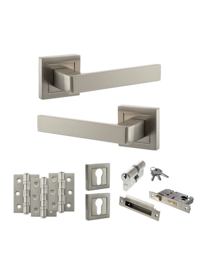 STATUS Montana Door Handle Pack (Euro Lock Set - 3" CE Sashlock, 3" Fire Rated Hinges x3) - Satin Nickel