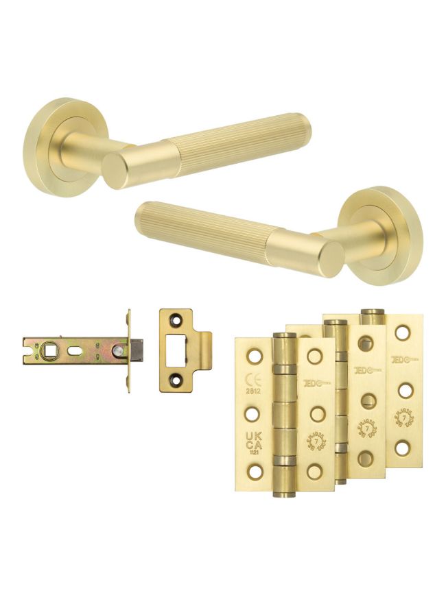Complete Venice Door Handle Pack - Internal Doors - Satin Brass - 76mm / 3-inch Hinges - JE-F3B-SB