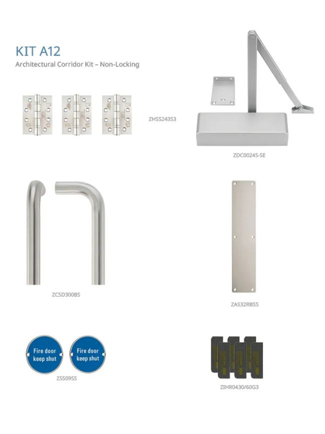 Zoo Hardware Fire Door Pack - FDP-A12-30/60 - Corridor - Non Locking - Architectural Version - Inc ZDC0024S - Stainless Steel