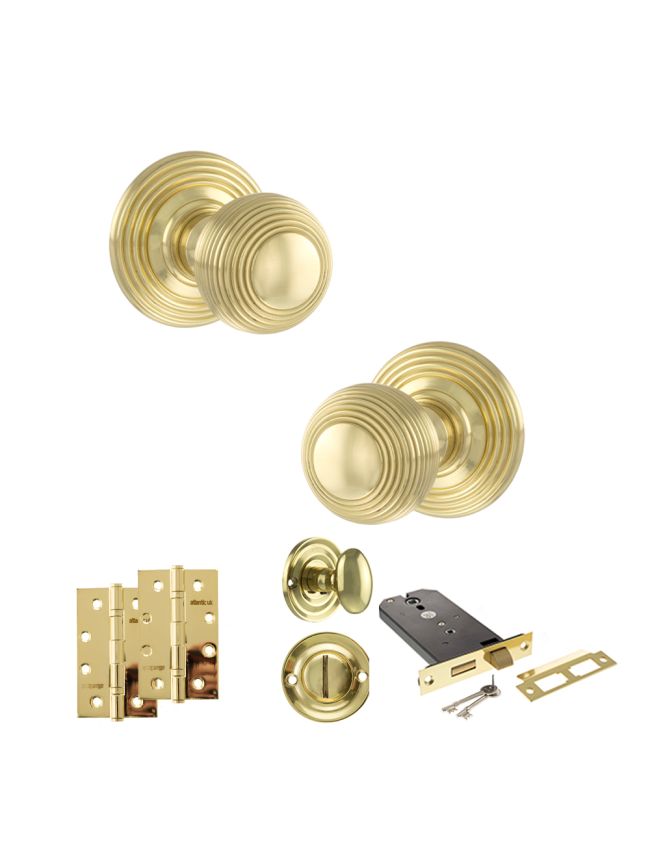 Old English Ripon Door Knob Pack (Lock Set - Horizontal Bathlock, 4" Slim Knuckle Hinges x2) - Polished Brass