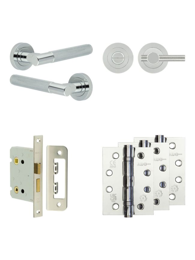 Complete Bari Door Handle Pack - Bathroom Lock (Knurled Thumb Turn) - Polished Chrome - 76mm / 4-inch Hinges - JE-D6A1-PC