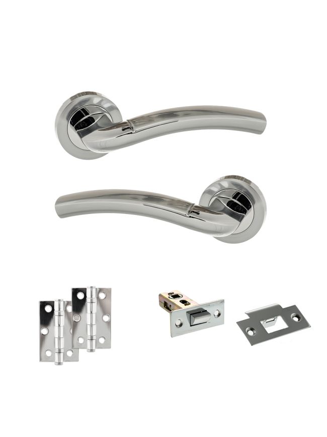 Eco Crest Door Handle Pack (Latch Set - 2.5" Latch, 3" Hinges x2) - Satin Chrome/Polished Chrome