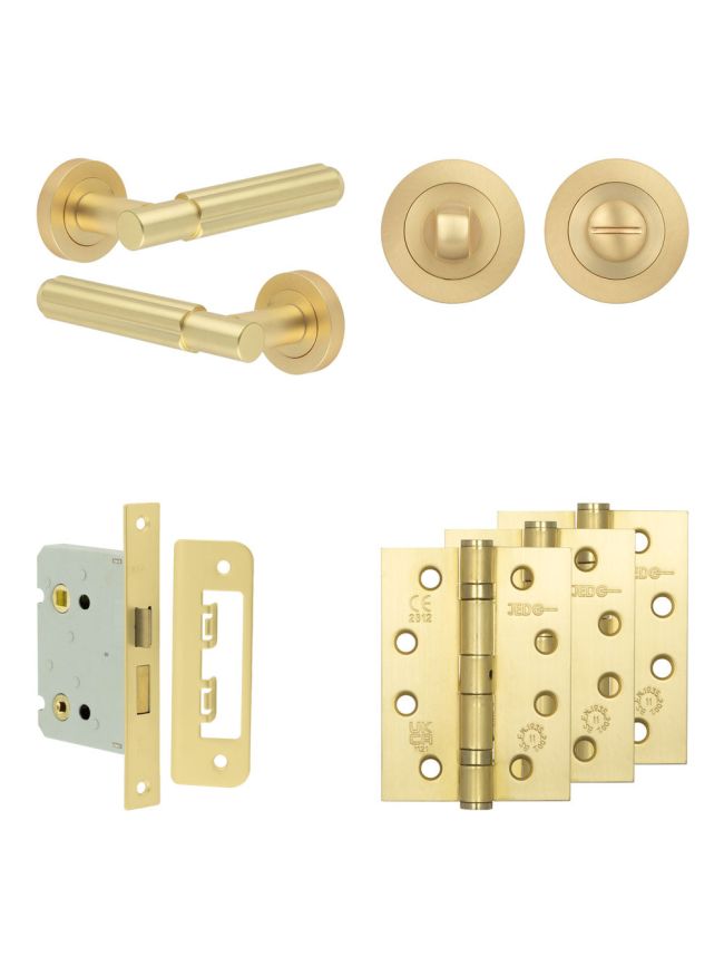 Complete Bloom Door Handle Pack - Bathroom Lock (Standard Thumb Turn) - Satin Brass - 76mm / 4-inch Hinges - JE-B6A3-SB