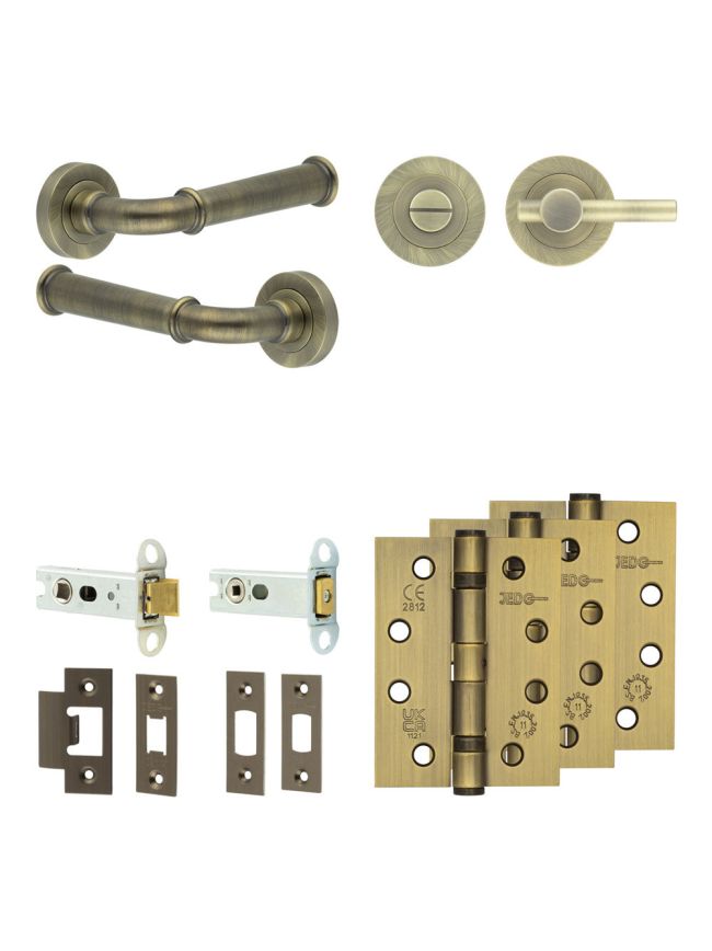 Complete Classic Door Handle Pack - Heavy Duty Tubular Bathroom (Plain Thumb Turn) - Antique Brass - 76mm / 4-inch Hinges - JE-A31A2-AB