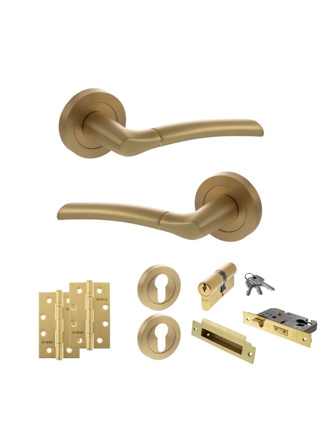 STATUS Indiana Door Handle Pack (Euro Lock Set - 2.5" CE Sashlock, 4" Slim Knuckle Hinges x2) - Satin Brass