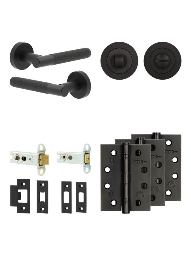 Complete Venice Door Handle Pack - Heavy Duty Tubular Bathroom (Standard Thumb Turn) - Matt Black - 76mm / 4-inch Hinges - JE-F31A3-MB