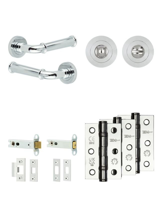 Complete Classic Door Handle Pack - Heavy Duty Tubular Bathroom (Standard Thumb Turn) - Polished Chrome - 102mm / 3-inch Hinges - JE-A32B3-PC