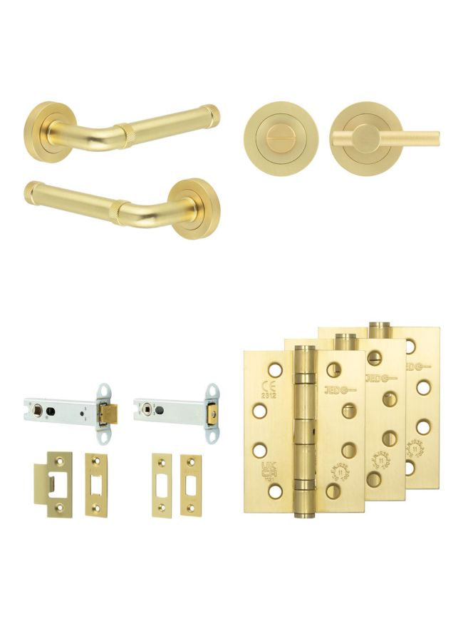 Complete Midtown Door Handle Pack - Heavy Duty Tubular Bathroom (Knurled Thumb Turn) - Satin Brass - 102mm / 4-inch Hinges - JE-G32A1-SB