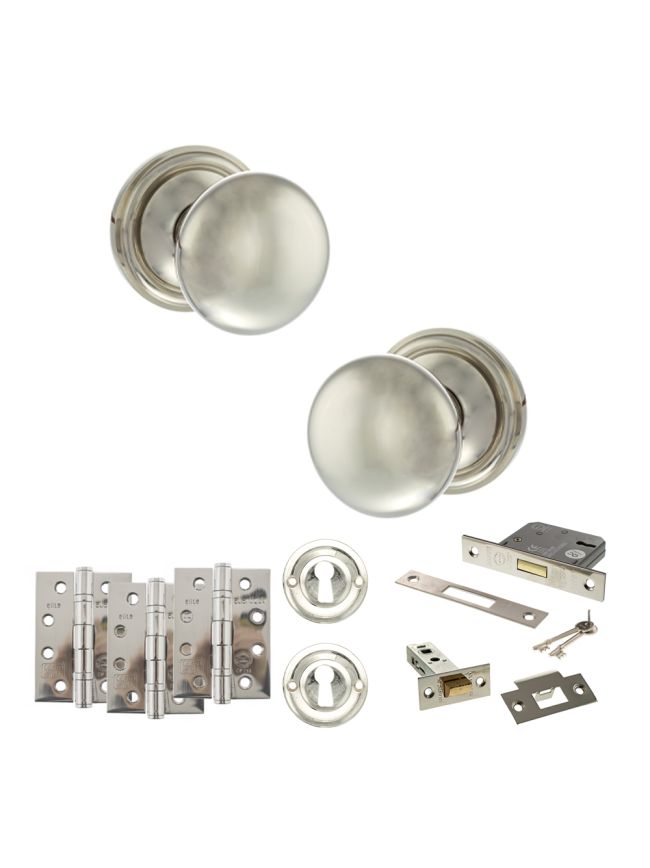 Old English Harrogate Door Knob Pack (Lock Set - 3" Latch & Deadlock, 4" Fire Rated Hinges x3) - Polished Nickel