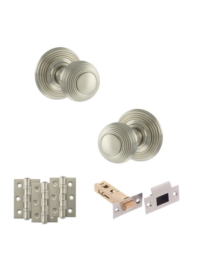Old English Ripon Door Knob Pack (Latch Set - 4" HD Latch, 3" Fire Rated Hinges x3) - Satin Nickel