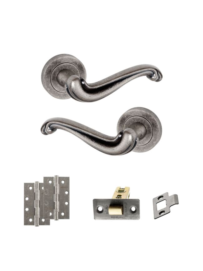 Old English Colchester Door Handle Pack (Latch Set - 2.5" CE Latch, 4" Slim Knuckle Hinges x2) - Distressed Silver