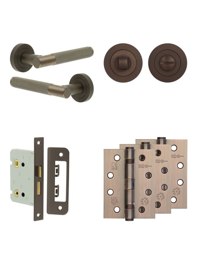Complete Bari Door Handle Pack - Bathroom Lock (Standard Thumb Turn) - Dark Bronze - 76mm / 4-inch Hinges - JE-D6A3-DB