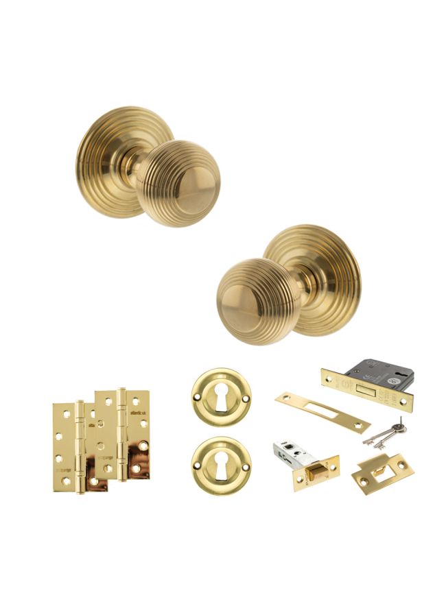 Old English Ripon Door Knob Pack (Lock Set - 3" Latch & Deadlock, 4" Slim Knuckle Hinges x2) - Raw Brass