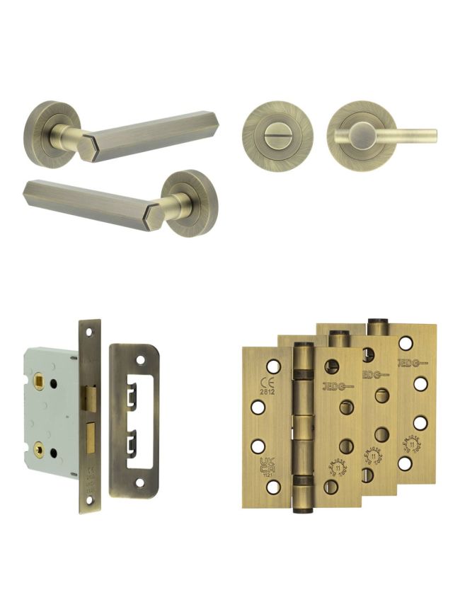Complete Hex Door Handle Pack - Bathroom - Antique Brass - By Frelan Hardware - JE-C6A2-AB