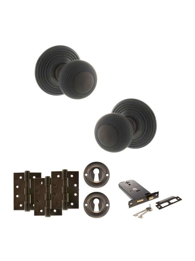 Old English Ripon Door Knob Pack (Lock Set - Horizontal Sashlock, 4" Fire Rated Hinges x3) - Urban Dark Bronze