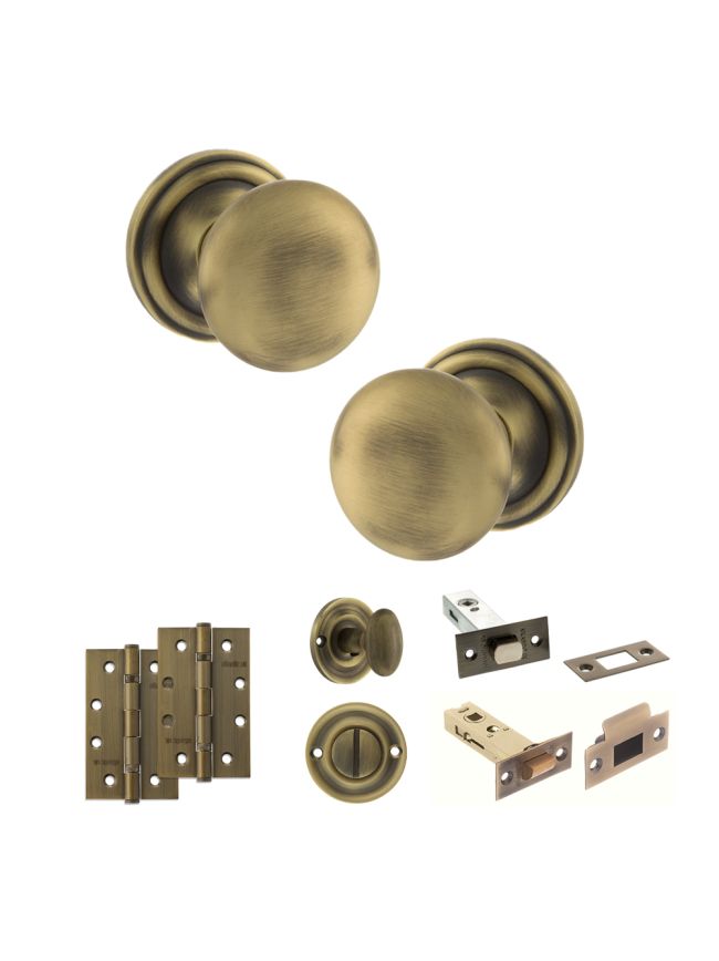 Old English Harrogate Door Knob Pack (Bathroom Set - 3" Deadbolt, 4" Slim Knuckle Hinges x2) - Matt Antique Brass
