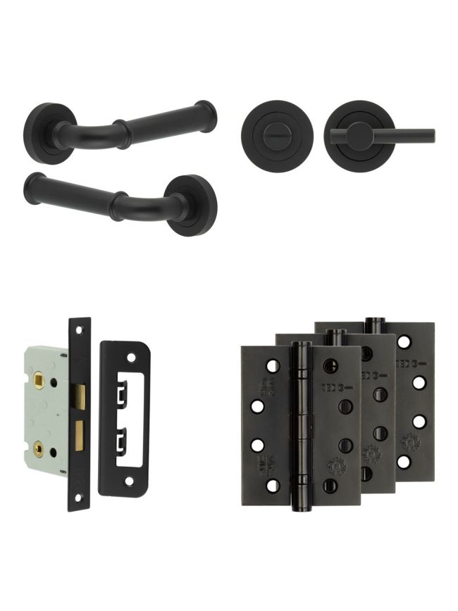 Complete Classic Door Handle Pack - Bathroom Lock (Plain Thumb Turn) - Matt Black - 65mm / 4-inch Hinges - JE-A5A2-MB