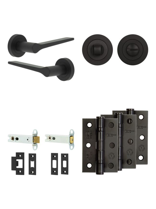 Complete Gio Door Handle Pack - Heavy Duty Tubular Bathroom (Standard Thumb Turn) - Matt Black - 102mm / 3-inch Hinges - JE-E32B3-MB