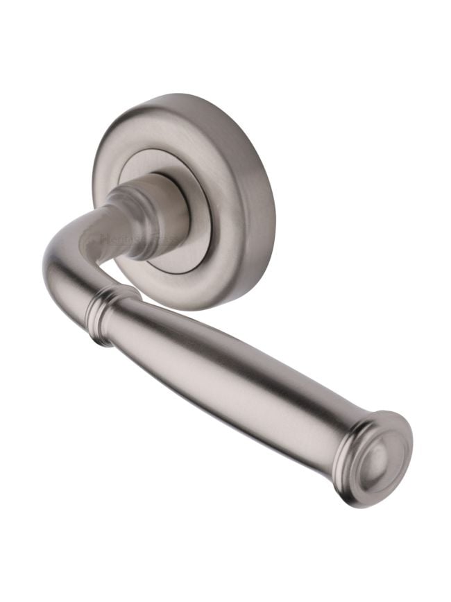 Heritage Brass Door Handle Lever Latch on Round Rose Lincoln Design Satin Nickel finish
UK Registered Design Number 6228268