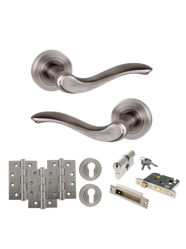 Old English Warwick Door Handle Pack (Euro Lock Set - 2.5" CE Sashlock, 4" Fire Rated Hinges x3) - Matt Gun Metal