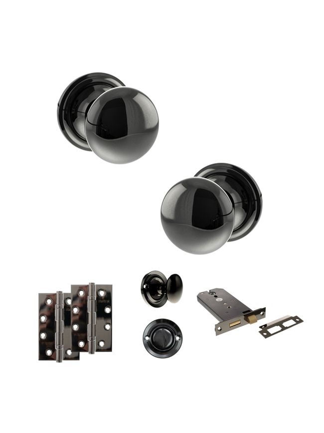 Old English Harrogate Door Knob Pack (Lock Set - Horizontal Bathlock, 4" Slim Knuckle Hinges x2) - Black Nickel