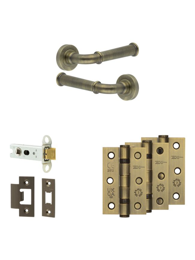 Complete Classic Door Handle Pack - Heavy Duty Latch - Antique Brass - 76mm / 3-inch Hinges - JE-A21B-AB