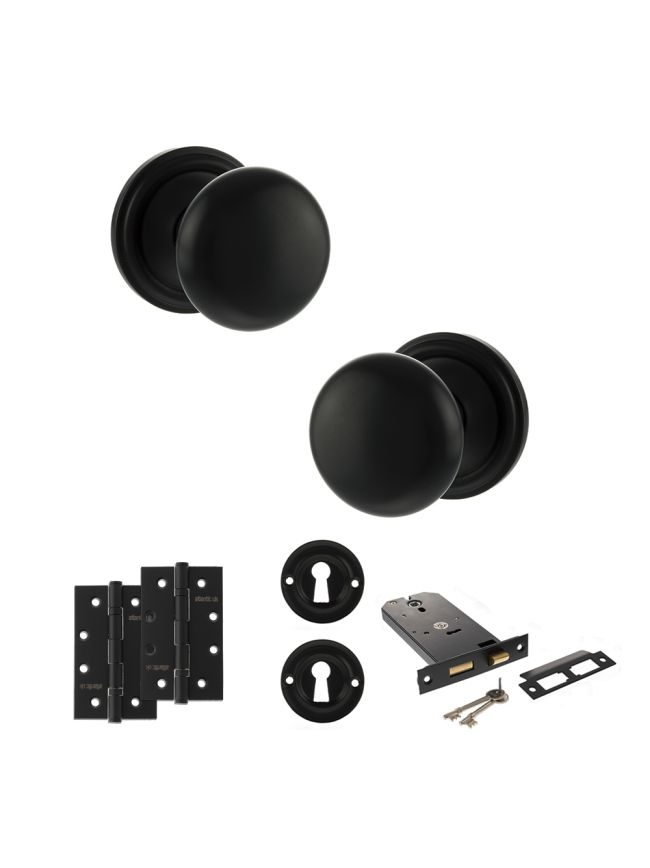 Old English Harrogate Door Knob Pack (Lock Set - Horizontal Sashlock, 4" Slim Knuckle Hinges x2) - Matt Black