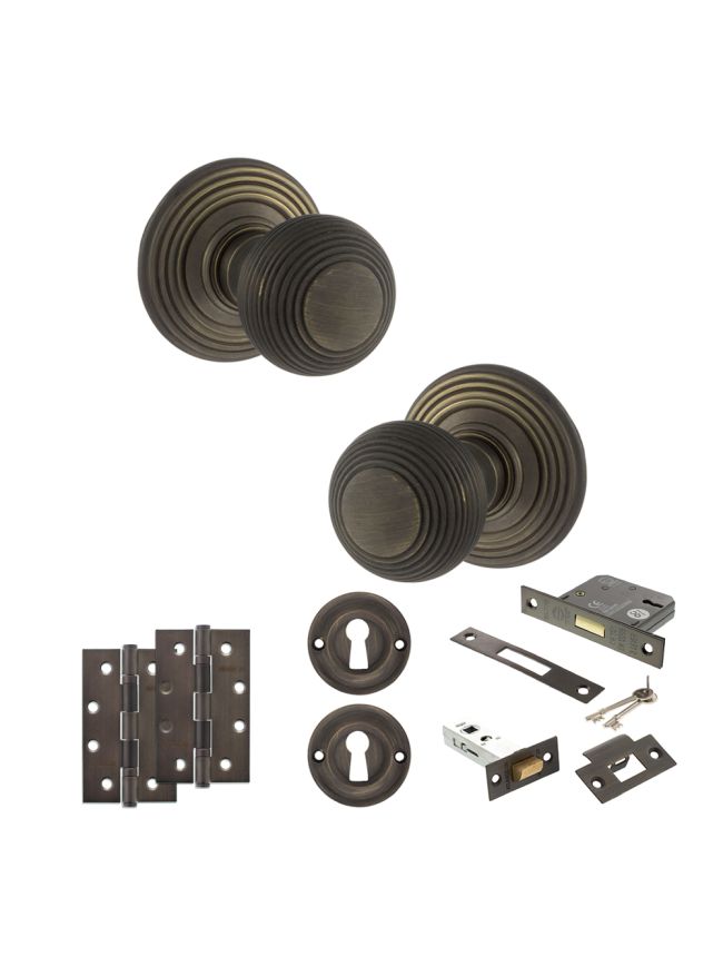 Old English Ripon Door Knob Pack (Lock Set - 3" Latch & Deadlock, 4" Slim Knuckle Hinges x2) - Urban Bronze
