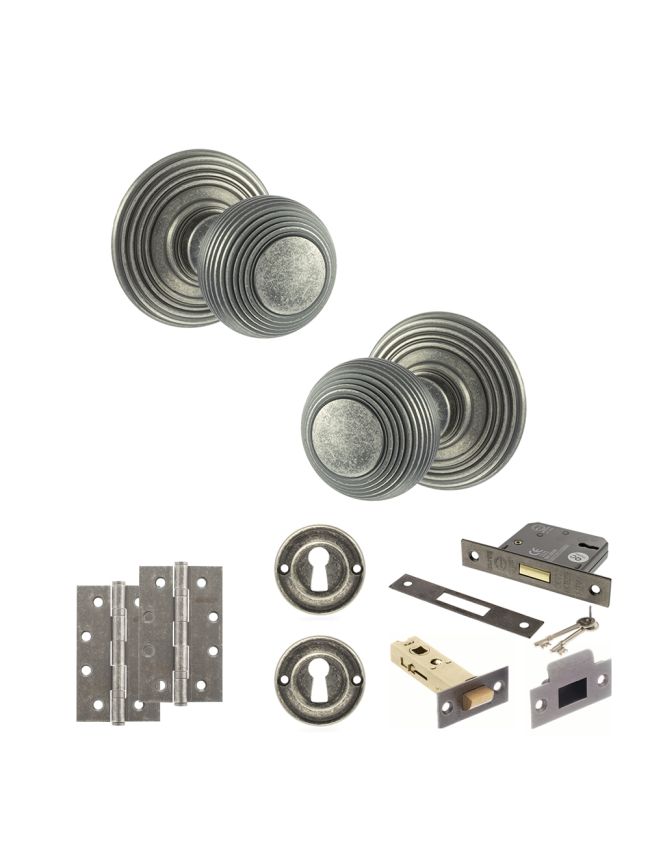 Old English Ripon Door Knob Pack (Lock Set - 3" Latch & Deadlock, 4" Slim Knuckle Hinges x2) - Distressed Silver