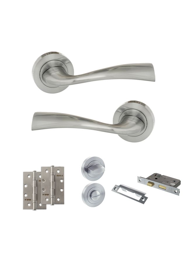 Eco Wave Door Handle Pack (Bathroom Set - 3" CE Bathroom Lock, 4" Slim Knuckle Hinges x2) - Polished Chrome