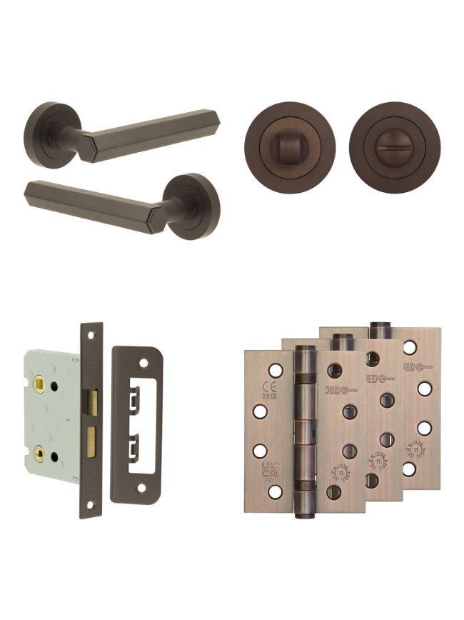 Complete Hex Door Handle Pack - Bathroom Lock (Standard Thumb Turn) - Dark Bronze - 76mm / 4-inch Hinges - JE-C6A3-DB