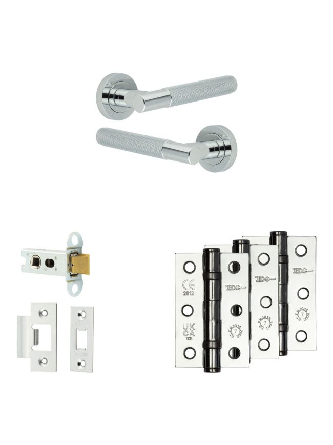 Complete Bari Door Handle Pack - Heavy Duty Latch - Polished Chrome - 64mm / 3-inch Hinges - JE-D20B-PC