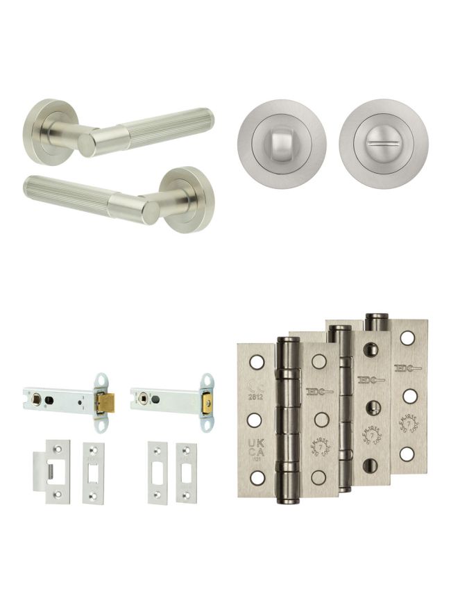 Complete Venice Door Handle Pack - Heavy Duty Tubular Bathroom (Standard Thumb Turn) - Satin Nickel - 102mm / 3-inch Hinges - JE-F32B3-SN