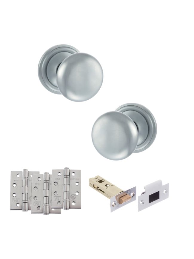 Old English Harrogate Door Knob Pack (Latch Set - 4" HD Latch, 4" Fire Rated Hinges x3) - Satin Chrome