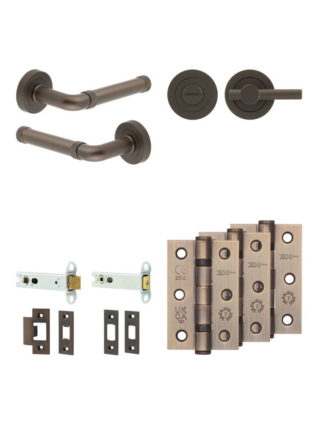 Complete Midtown Door Handle Pack - Heavy Duty Tubular Bathroom (Knurled Thumb Turn) - Dark Bronze - 102mm / 3-inch Hinges - JE-G32B1-DB