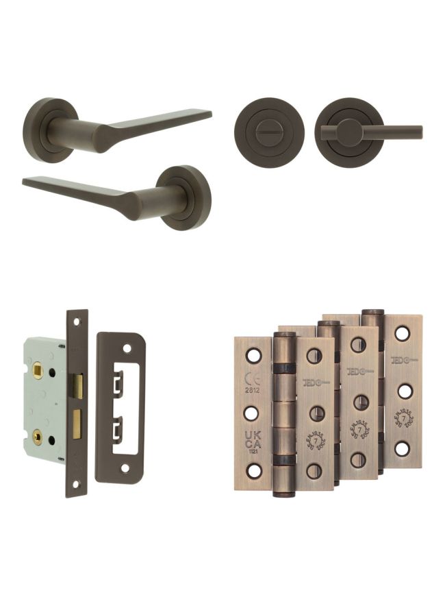 Complete Gio Door Handle Pack - Bathroom Lock (Plain Thumb Turn) - Dark Bronze - 65mm / 3-inch Hinges - JE-E5B2-DB