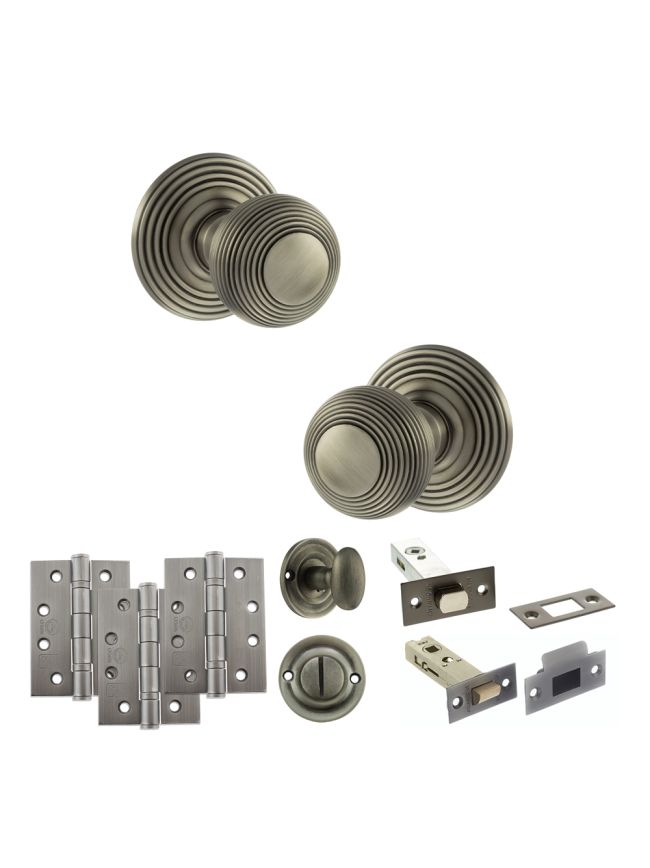 Old English Ripon Door Knob Pack (Bathroom Set - 3" Deadbolt, 4" Fire Rated Hinges x3) - Matt Gun Metal