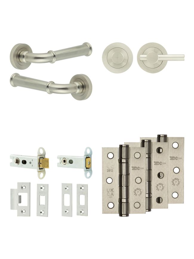 Complete Classic Door Handle Pack - Heavy Duty Tubular Bathroom (Plain Thumb Turn) - Satin Nickel - 76mm / 3-inch Hinges - JE-A31B2-SN