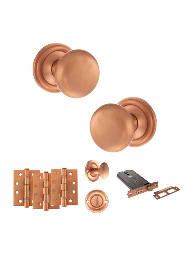 Old English Harrogate Door Knob Pack (Lock Set - Horizontal Bathlock, 4" Fire Rated Hinges x3) - Urban Satin Copper