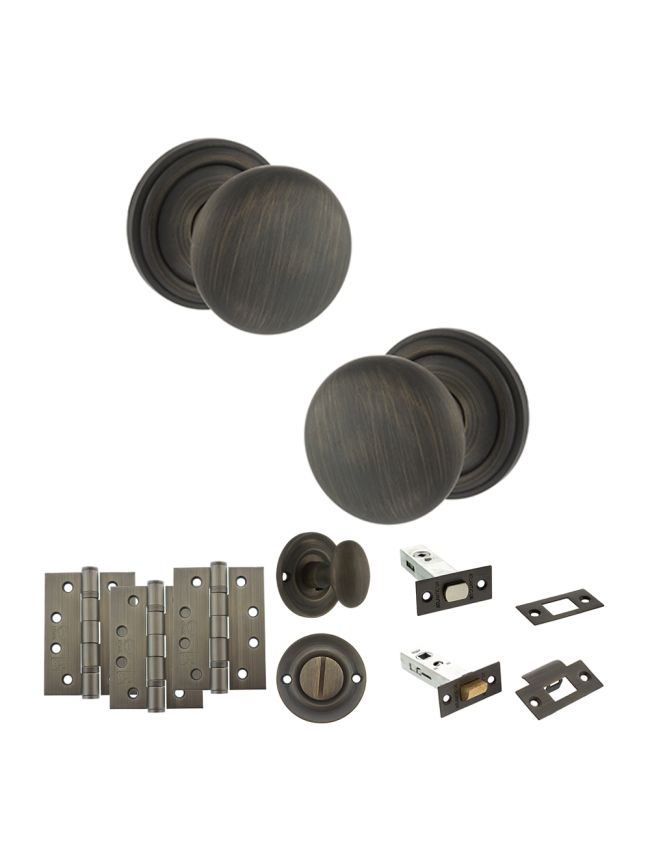Old English Harrogate Door Knob Pack (Bathroom Set - 4" Deadbolt, 4" Fire Rated Hinges x3) - Urban Bronze