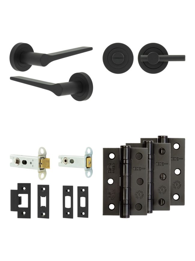 Complete Gio Door Handle Pack - Heavy Duty Tubular Bathroom (Plain Thumb Turn) - Matt Black - 76mm / 3-inch Hinges - JE-E31B2-MB