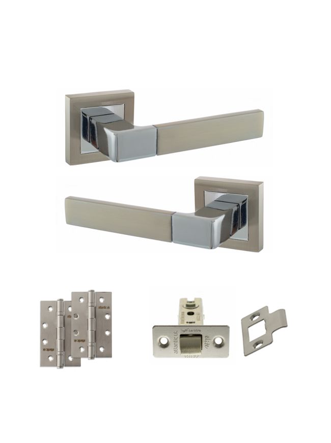 STATUS Montana Door Handle Pack (Latch Set - 2.5" CE Latch, 4" Slim Knuckle Hinges x2) - Satin Nickel/Polished Chrome