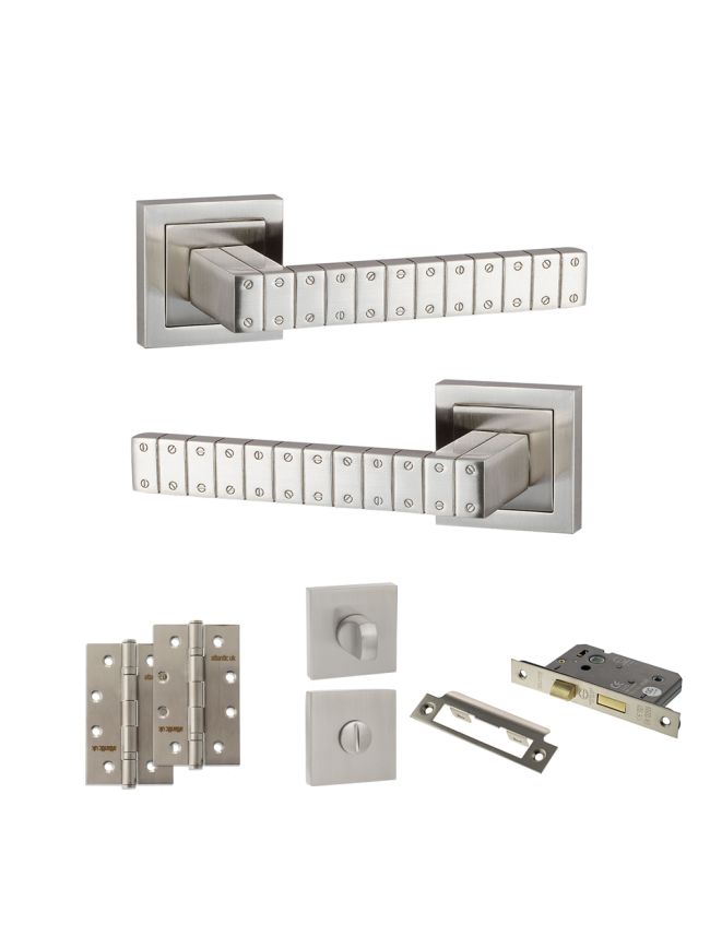 Senza Pari Bianca Door Handle Pack (Bathroom Set - 2.5" CE Bathroom Lock, 4" Slim Knuckle Hinges x2) - Satin Nickel