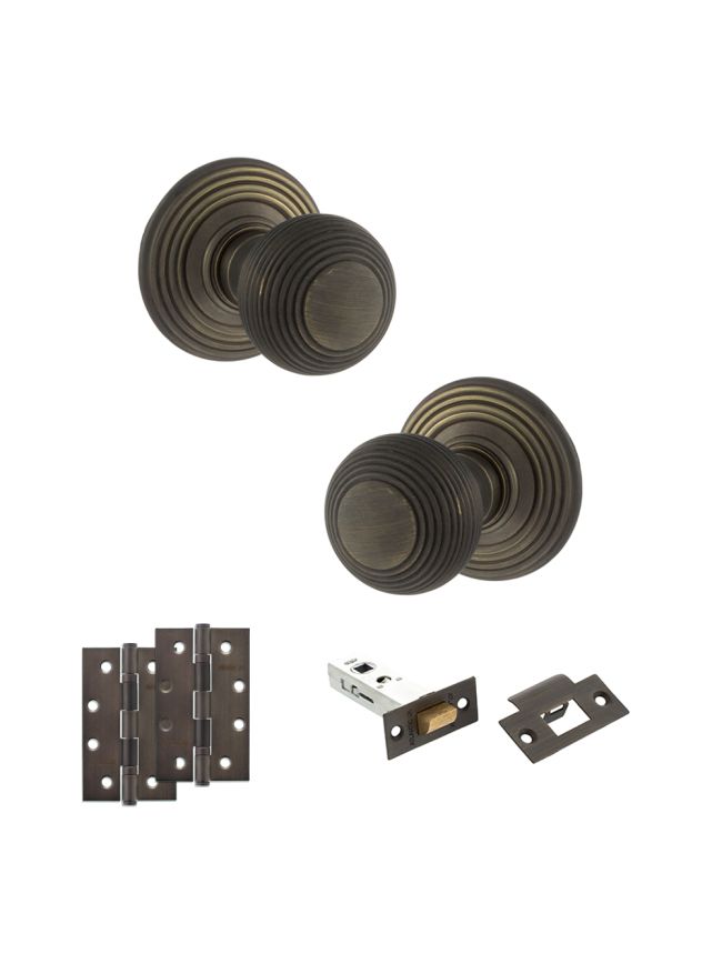Old English Ripon Door Knob Pack (Latch Set - 4" HD Latch, 4" Slim Knuckle Hinges x2) - Urban Bronze
