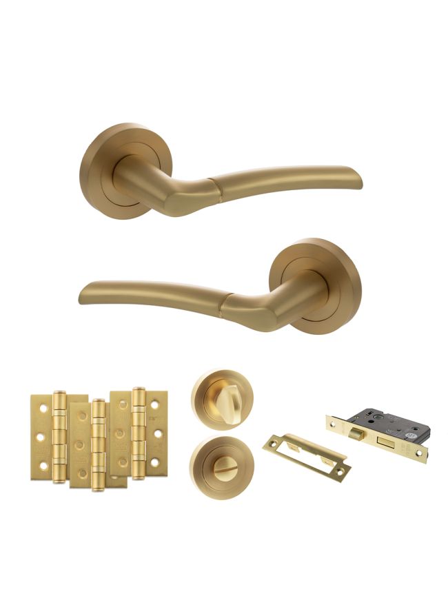 STATUS Indiana Door Handle Pack (Bathroom Set - 3" CE Bathroom Lock, 3" Fire Rated Hinges x3) - Satin Brass