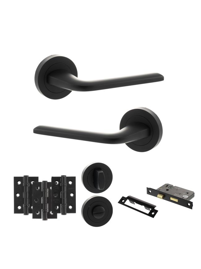 Eco Surf Door Handle Pack (Bathroom Set - 3" CE Bathroom Lock, 3" Fire Rated Hinges x3) - Matt Black