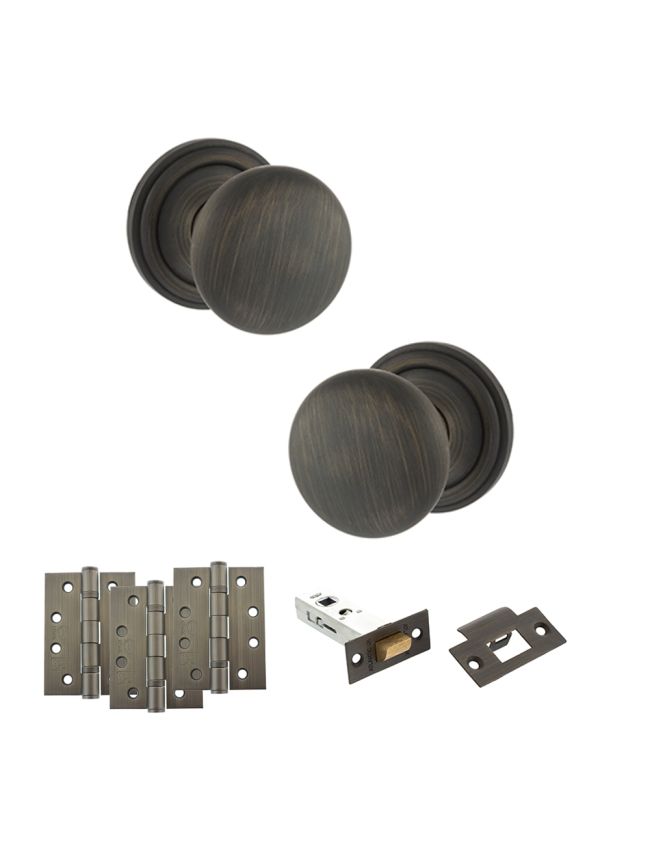 Old English Harrogate Door Knob Pack (Latch Set - 4" HD Latch, 4" Fire Rated Hinges x3) - Urban Bronze