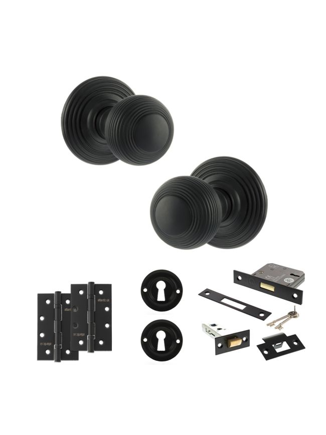 Old English Ripon Door Knob Pack (Lock Set - 3" Latch & Deadlock, 4" Slim Knuckle Hinges x2) - Matt Black