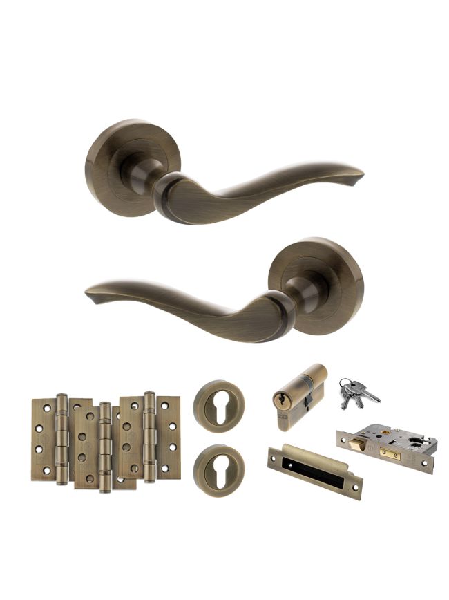 Old English Warwick Door Handle Pack (Euro Lock Set - 3" CE Sashlock, 4" Fire Rated Hinges x3) - Antique Brass