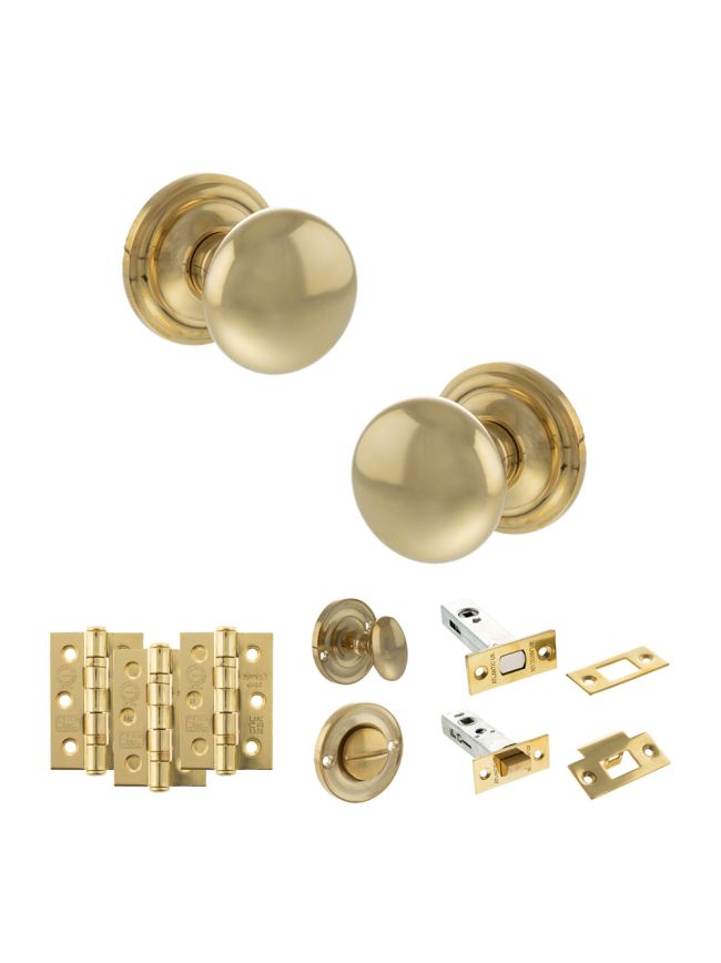 Old English Harrogate Door Knob Pack (Bathroom Set - 4" Deadbolt, 3" Fire Rated Hinges x3) - Raw Brass